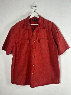 REI Men Red Pinstripe Short Sleeve Button-Up Shirt XL Lightweight Outdoor Casual